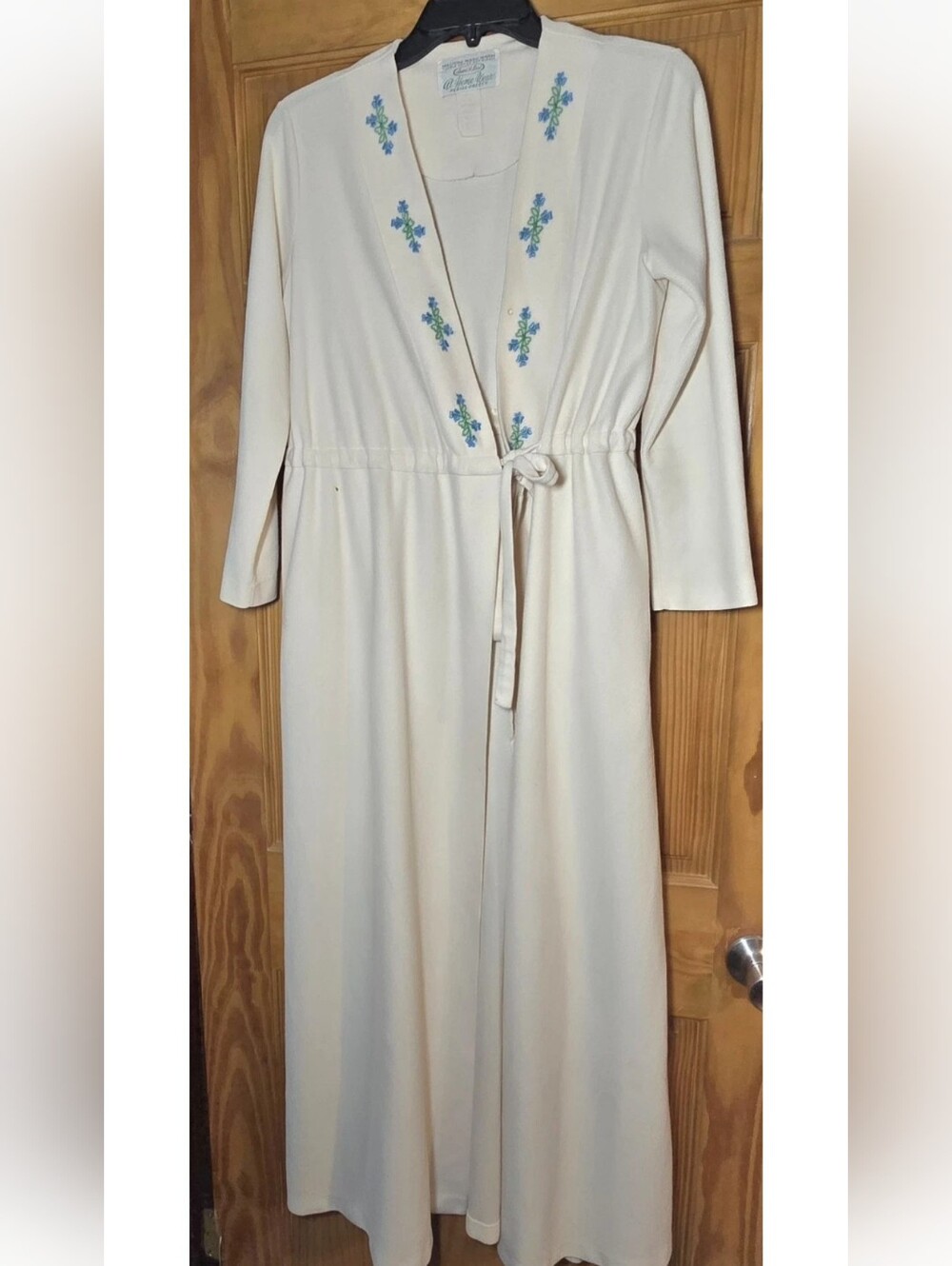 Sears Cream Long Robe with Blue & Green Floral Embroidery